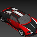 Red Bugatti Sports Car With Black White Stripes And Sleek Exterior Design