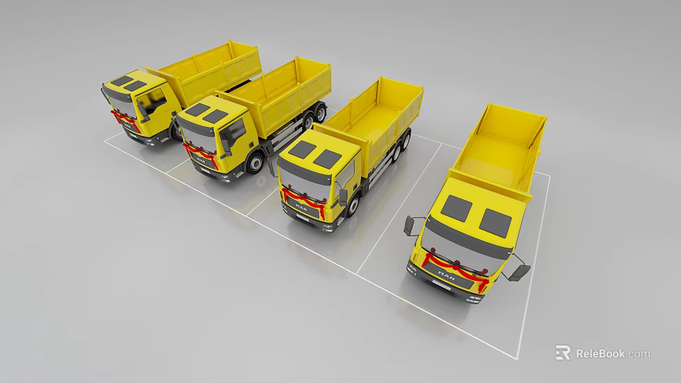 Yellow Functional Utility Dump Trucks Lined Up In Row Display For Use 3d model