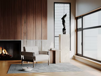 Comfortable Lounge Chair in Modern Living Room with Wooden Walls Fireplace and Sculpture 3d model