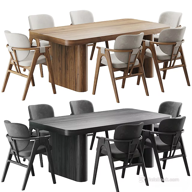 Modern Dining Table Set With Wooden And Black Tabletop And Light Dark Colored Chairs 3d model 