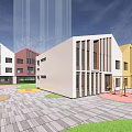 Modern Colorful School Building With Green Red Yellow Facades Trees And Spacious Outdoor Area