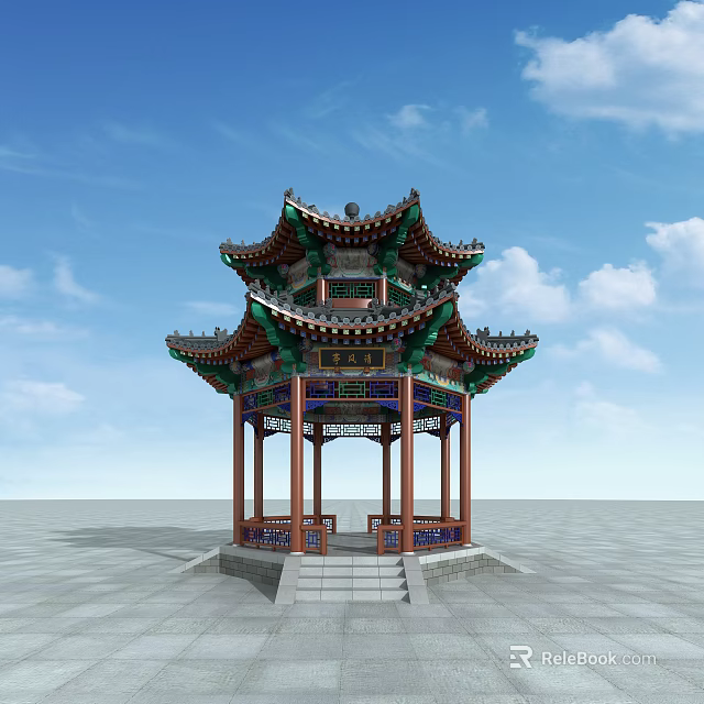 Traditional Chinese Pavilion With Multi Tiered Green Roof Red Pillars Carvings Stone Base And Stairs 3d model 