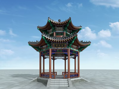 Traditional Chinese Pavilion With Multi Tiered Green Roof Red Pillars Carvings Stone Base And Stairs 3d model