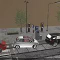 Public Facility Area With Parking Meters Street Lamps Trees And Parked Cars On Sidewalk