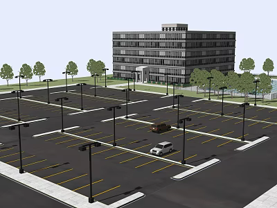 Spacious Parking Lot With Multi Story Building Trees Street Lamps And Cars 3d model