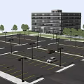 Spacious Parking Lot With Multi Story Building Trees Street Lamps And Cars