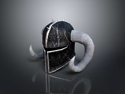 Medieval Weapon Helmet with Curved Horns Silver Trim Spikes and Black Metallic Texture 3d model