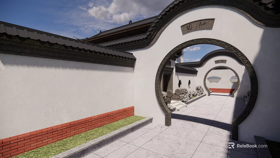 Ancient Architecture Courtyard Featuring Archway White Walls Red Brick Bases And Traditional Roof 3d model 