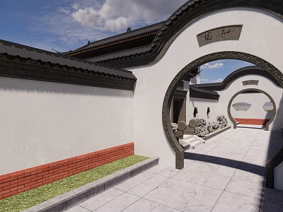 Ancient Architecture Courtyard Featuring Archway White Walls Red Brick Bases And Traditional Roof 3d model