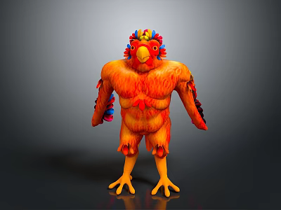 Muscular Anthropomorphic Rooster Creature With Vibrant Crest Colorful Feathers And Yellow Claws 3d model