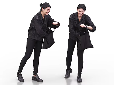 Two Women In Black Jackets Pants And Shoes Adjusting Black Bag On White Background 3d model