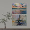 Two Colorful Abstract Paintings With Textured Surfaces Ocean Sunset Themes For Home Wall Art