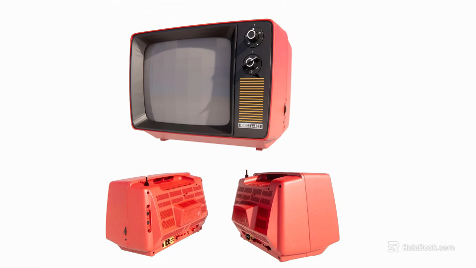 Vintage Red And Black Television With Retro Design And Stand Parts 3d model 