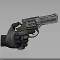 Revolver With Metallic Barrel And Cylinder Held By Tactical Gloved Hand Showing Details