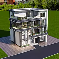 Modern Detached Villa With Multiple Balconies Large Glass Windows Green Lawn And Trees