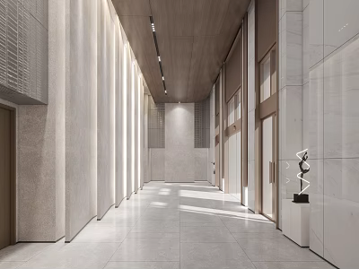 Modern Reception Area With Marble Walls Wooden Ceiling Linear Pendant Lights And Minimalist Decor 3d model