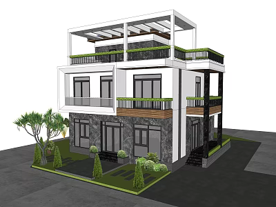 Modern Two Story Detached Villa With Balconies And Lush Greenery 3d model