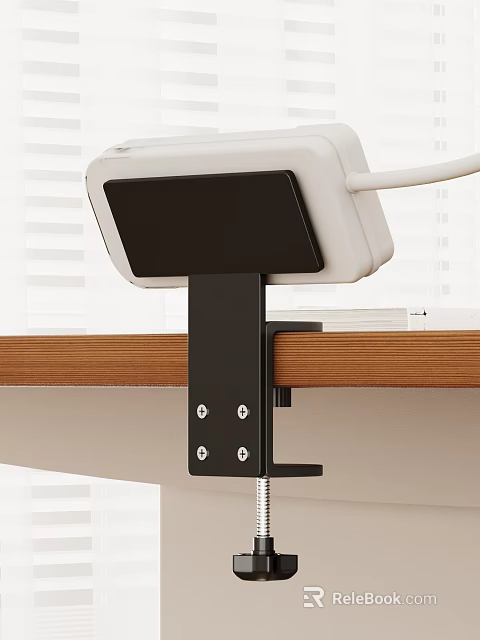 Sturdy Black Metal Shelf Bracket Supporting Electronic Device On Wooden Tabletop 3d model 