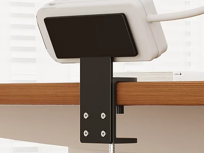 Sturdy Black Metal Shelf Bracket Supporting Electronic Device On Wooden Tabletop 3d model