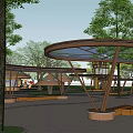 Natural Themed Children's Playground With Mushroom Shaped House Slide Climbing Net and Surrounding Green Trees