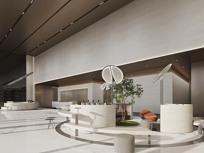 Modern Luxury Lobby Front Desk Reception With Round Marble Desk And Green Plants 3d model