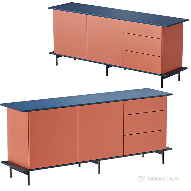 Modern Coral Entryway Console Cabinet And Side Cabinet With Blue Countertop And Black Legs 3d model 