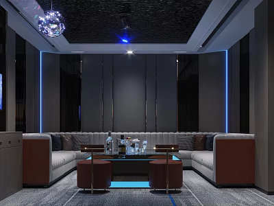 Modern KTV Room Interior With Sofa Coffee Table Chandelier And Blue Lighting 3d model