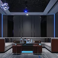 Modern KTV Room Interior With Sofa Coffee Table Chandelier And Blue Lighting