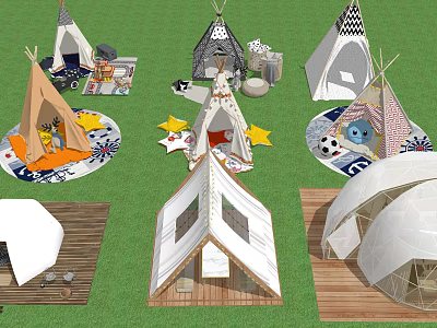 Different Types Of Stylish Tents With Decorative Mats And Star Patterns On Grassy Ground 3d model