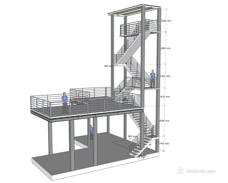 Multi Level Metal Frame Staircase With Platforms And Railings Architectural Design 3d model