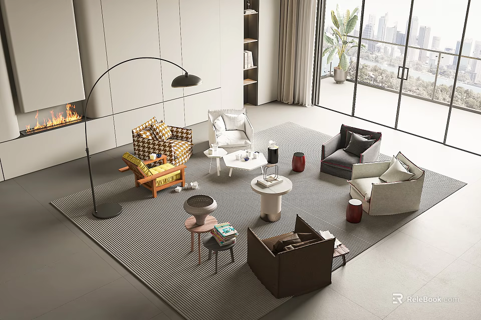 Modern Sofa And Coffee Table Set With Area Rug Fireplace And City View Windows 3d model 