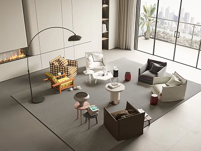 Modern Sofa And Coffee Table Set With Area Rug Fireplace And City View Windows 3d model