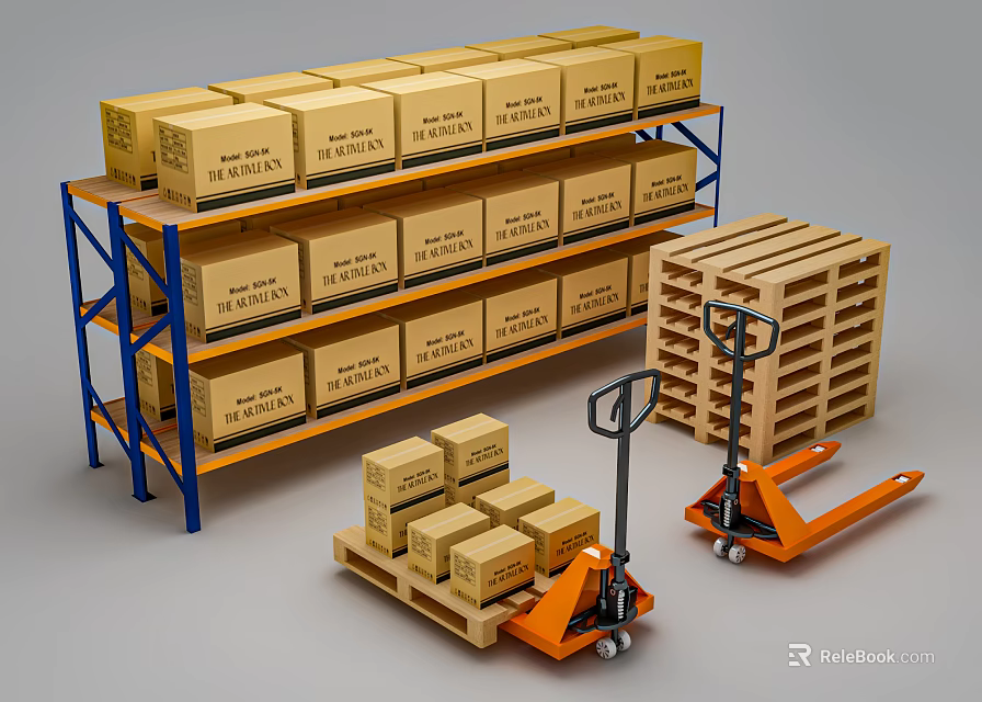 Industrial Storage Equipment With Metal Shelving Pallet Jacks Wooden Pallets And Stacked Boxes 3d model 
