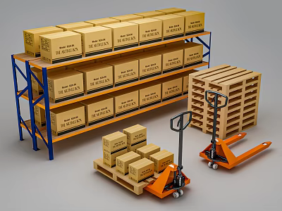 Industrial Storage Equipment With Metal Shelving Pallet Jacks Wooden Pallets And Stacked Boxes 3d model
