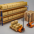Industrial Storage Equipment With Metal Shelving Pallet Jacks Wooden Pallets And Stacked Boxes