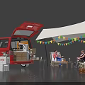 Red Van With Open Door And White Tent Setup For Outdoor Gathering With Colorful Bunting