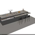 Modern Bar Counter Interior With Light Colored Countertop Vase Branches Fruits And Black Stools