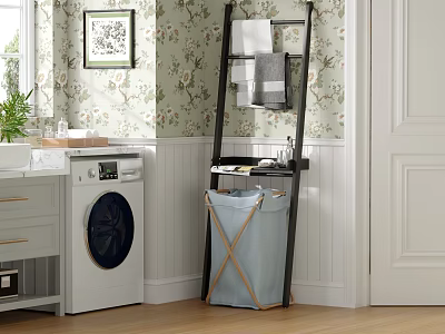 Cozy Bathroom Interior With Washing Machine Ladder Rack Floral Wallpaper Sink Vanity And Laundry Basket 3d model
