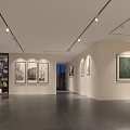 Modern Minimalist Gallery Interior With Paintings On Walls Shelving And Dark Flooring