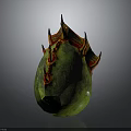 Green Egg Shaped Object With Red Yellow Spiked Top And Surface Patterns