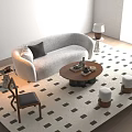 Modern Living Room Sofa and Coffee Table Set With Curved Design Wooden Table Checkered Rug