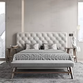 Double Bed With Tufted Headboard Gray Bedding Decorative Pillows And Bench At Foot