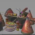 Festive Celebration Decorative Items With Colorful Firecrackers Cone Shaped Decorations And Drum Boxes