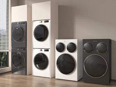 Modern Black And White Stackable And Freestanding Washing Machines In Home Interior 3d model
