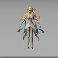 3D Fantasy Fairy Character With Golden Long Hair And Blue Green Ornamental Flowing Ribbons