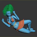 Blue Skinned Game Movie Character With Green Curly Hair Orange Skirt And Golden Bracelets