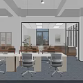 Modern Public Office Space with Large Windows Office Desks Computers Green Plants and Ergonomic Chairs