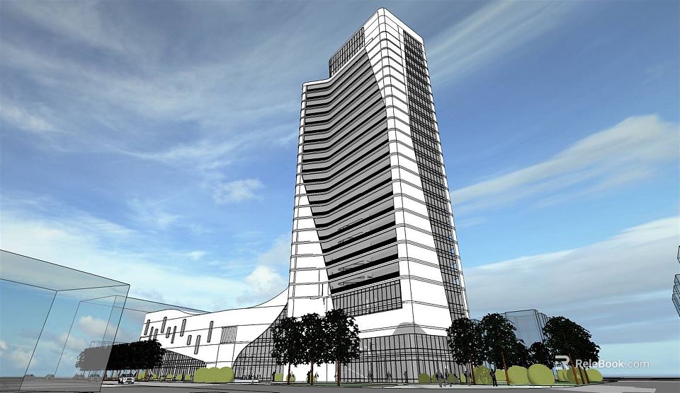 Modern High Rise Office Building With Glass Curtain Wall And Surrounding Trees Blue Sky Background 3d model 