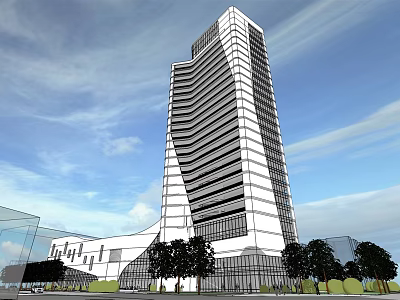 Modern High Rise Office Building With Glass Curtain Wall And Surrounding Trees Blue Sky Background 3d model