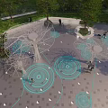 Future Inspired White Tree Structured Sculpture In Plaza With Blue Ground Light Patterns And Pedestrians